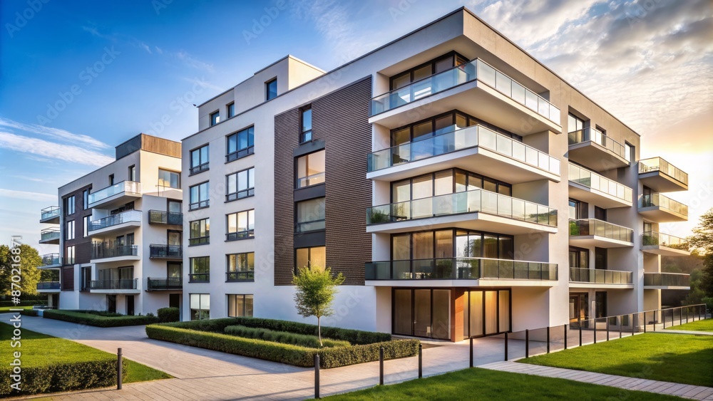 Sleek, contemporary, gray, monolithic residential apartment complex with clean lines, minimalist windows, and a stark, isolated white background dominates frame. Sleek, contemporary, gray, monolithic residential apartment complex with clean lines, minimalist windows, and a stark, isolated white background dominates frame.