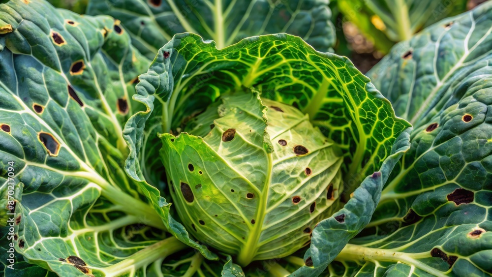 Obraz premium Close-up of damaged cabbage head and leaves with holes, eaten by larvae of Pieris brassicae butterflies and caterpillars.