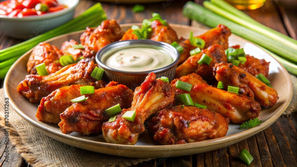 Savory, spicy, golden-brown chicken wings smothered in fiery sauce, garnished with crisp celery sticks and creamy, tangy dipping sauce. Savory, spicy, golden-brown chicken wings smothered in fiery sauce, garnished with crisp celery sticks and creamy, tangy dipping sauce.
