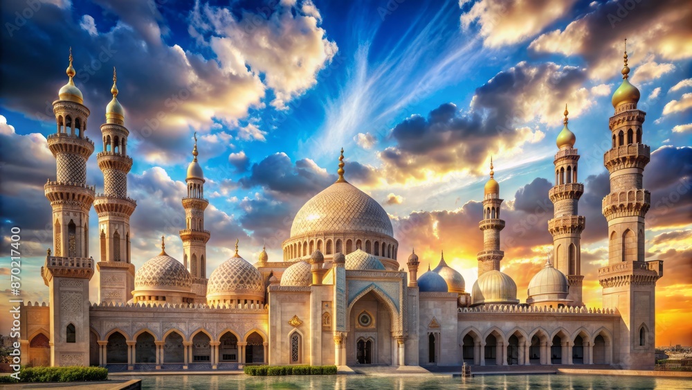 Obraz premium Exquisite intricately patterned Islamic architecture with majestic domes and minarets set against a serene blue sky with fluffy white clouds.