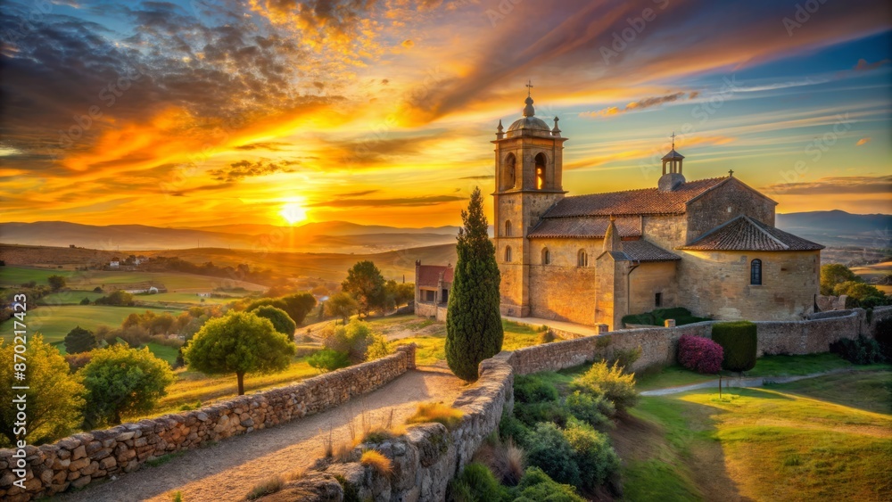 Naklejka premium Golden hue of setting sun casts warm glow on ancient stone walls and steeples of serene rural Spanish Church landscape.