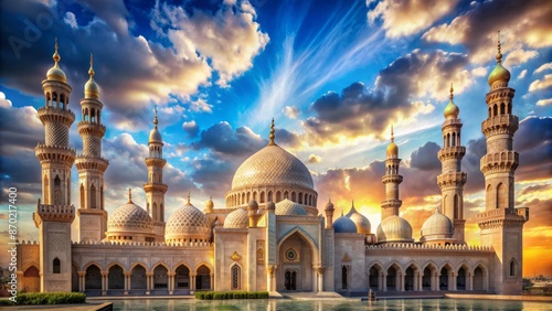 Exquisite intricately patterned Islamic architecture with majestic domes and minarets set against a serene blue sky with fluffy white clouds. photo