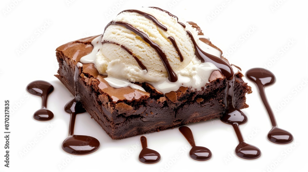 Chocolate brownie dessert, warm and topped with chocolate sauce, paired with vanilla ice cream, isolated background, studio lighting, advertising display Chocolate brownie dessert, warm and topped with chocolate sauce, paired with vanilla ice cream, isolated background, studio lighting, advertising display