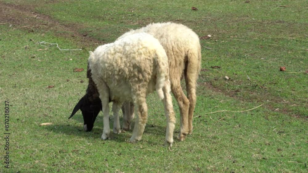 Farm animal sheep walking, resting, eating grass freely in farmland Farm animal sheep walking, resting, eating grass freely in farmland
