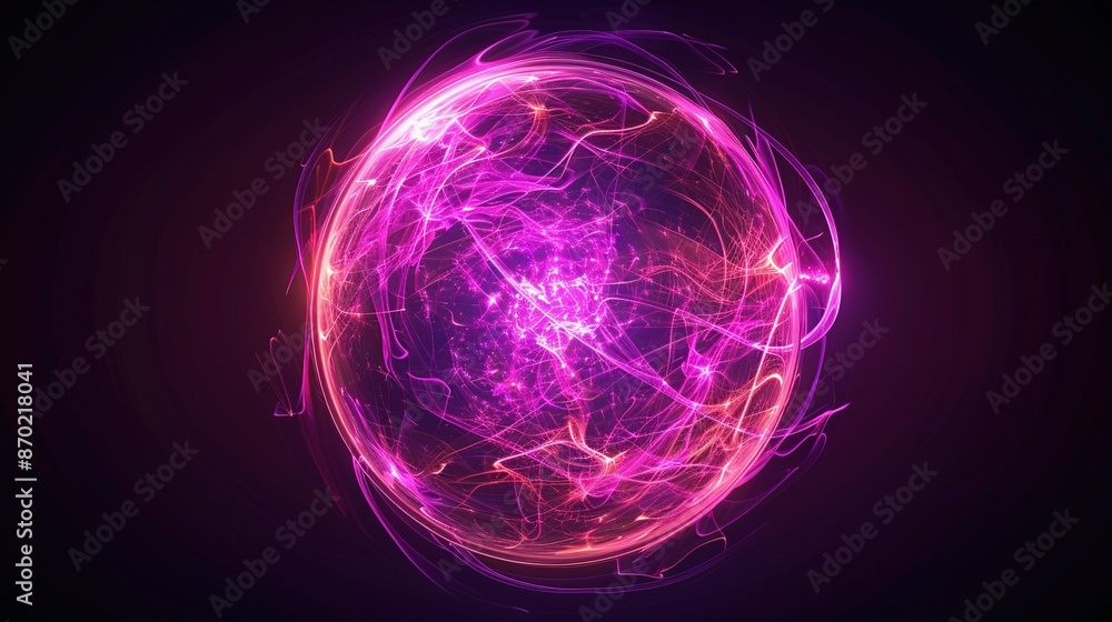 Obraz premium Glowing Particles and Waves: Abstract Neon Energy Sphere on Dark Background