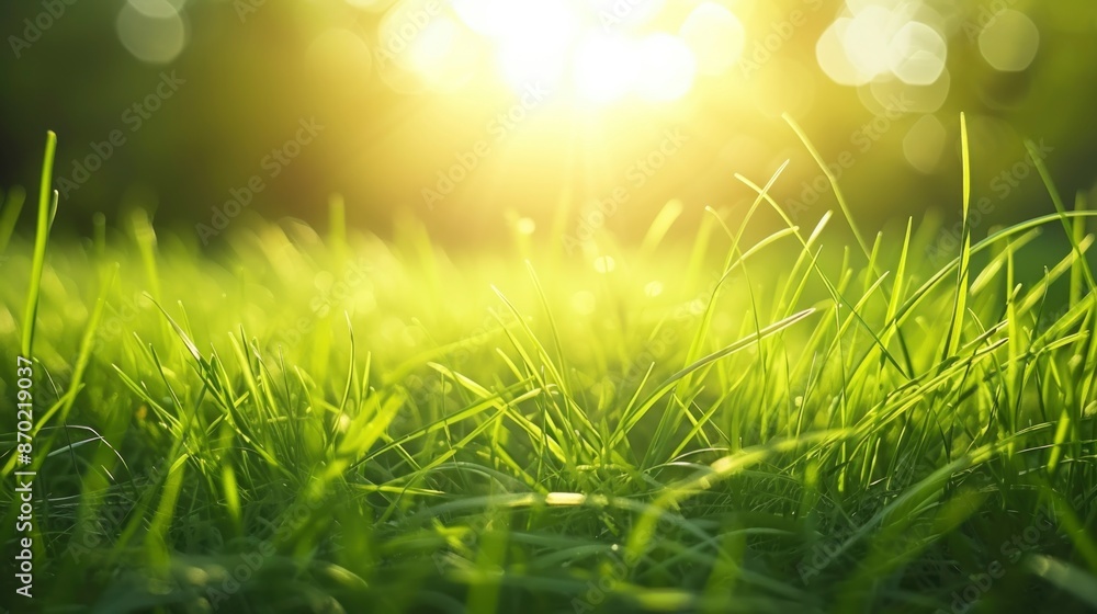 Fototapeta premium A close-up view of blades of grass bathed in warm sunlight, creating a vibrant and fresh scene.