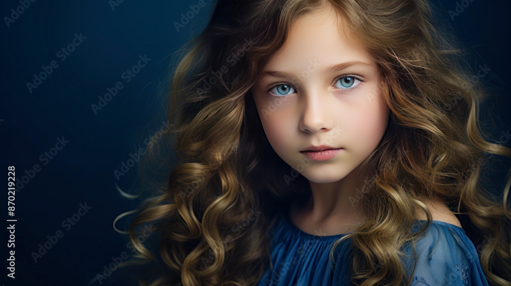 Naklejka premium Portrait of a chic cute beautiful baby girl with perfect skin, dark blue background, banner.