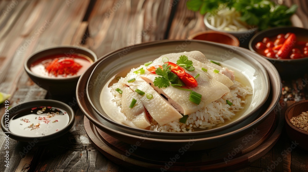 Hainanese Chicken Rice With Soup And Three Sauces On A Dark Wood Table Texture, A Traditional Dish Hainanese Chicken Rice With Soup And Three Sauces On A Dark Wood Table Texture, A Traditional Dish