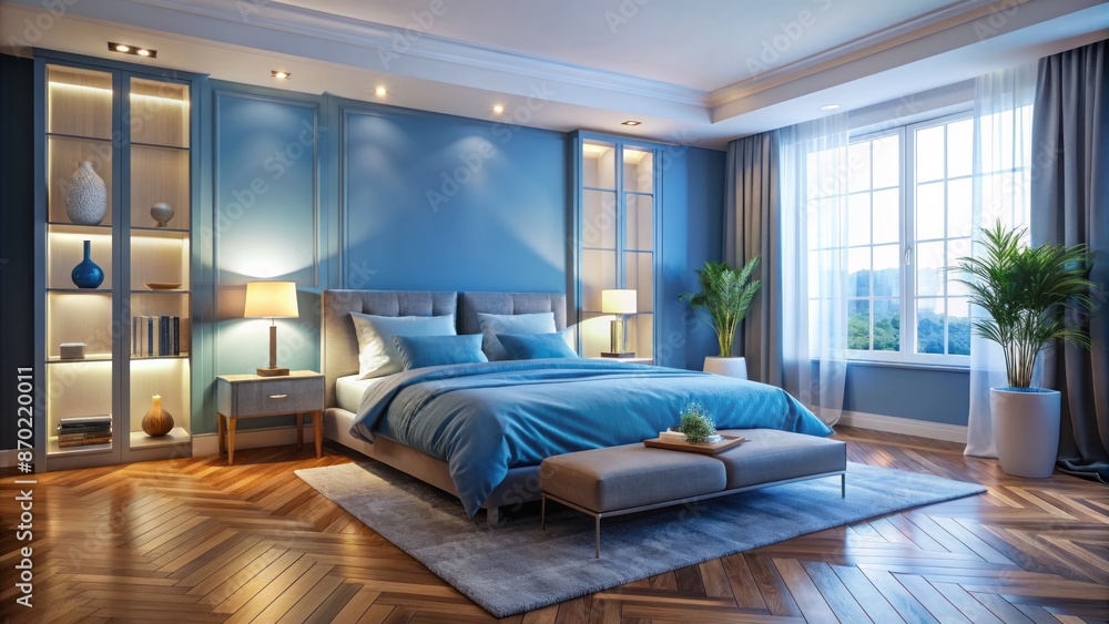 Fototapeta premium Serene blue bedroom interior with polished wooden floor features a comfortable bed adorned with calming blue linens and soft lighting.
