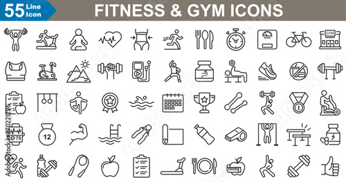 Fitness and gym icons set vector illustration. healthy lifestyle, dumbbell, kettlebell, yoga, cycling, running, body,  workout and training. 