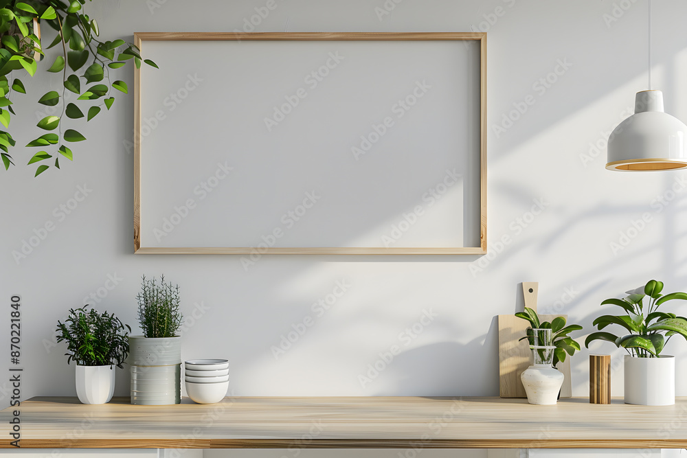 Blank picture frame on a white wall with potted plants, creating a minimalist and serene decor Blank picture frame on a white wall with potted plants, creating a minimalist and serene decor