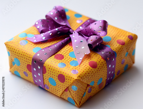 A yellow gift box with a purple bow © Micro