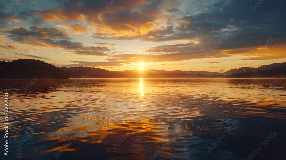 A vibrant sunrise over a tranquil lake, with the sun just peeking over distant hills, casting golden reflections on the water. A vibrant sunrise over a tranquil lake, with the sun just peeking over distant hills, casting golden reflections on the water.