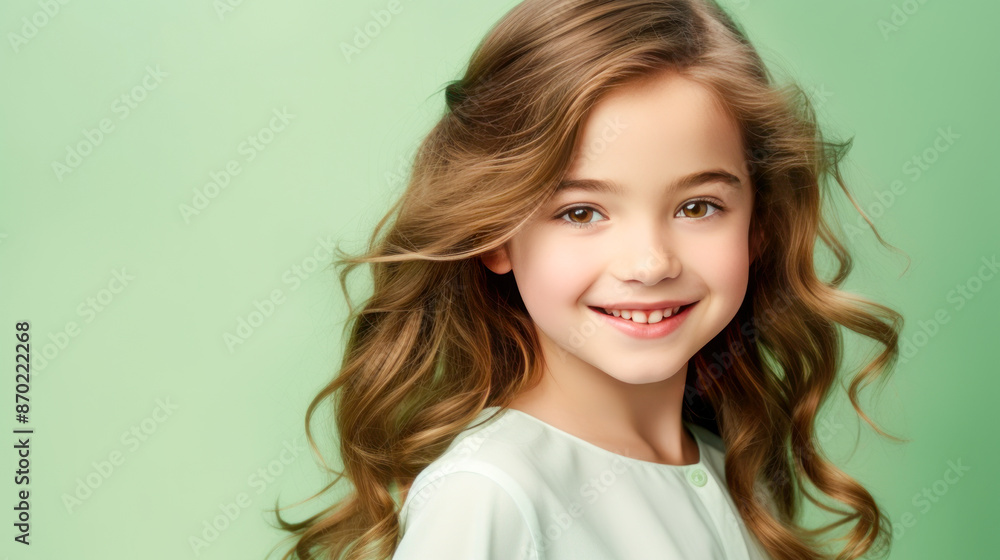 Portrait of a chic cute beautiful smiling baby girl with perfect skin, light green background, banner. Portrait of a chic cute beautiful smiling baby girl with perfect skin, light green background, banner.