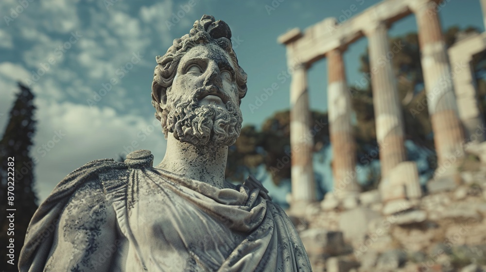 A weathered marble statue of a Greek hero, standing stoically against the passage of time, surrounded by ancient ruins. A weathered marble statue of a Greek hero, standing stoically against the passage of time, surrounded by ancient ruins.