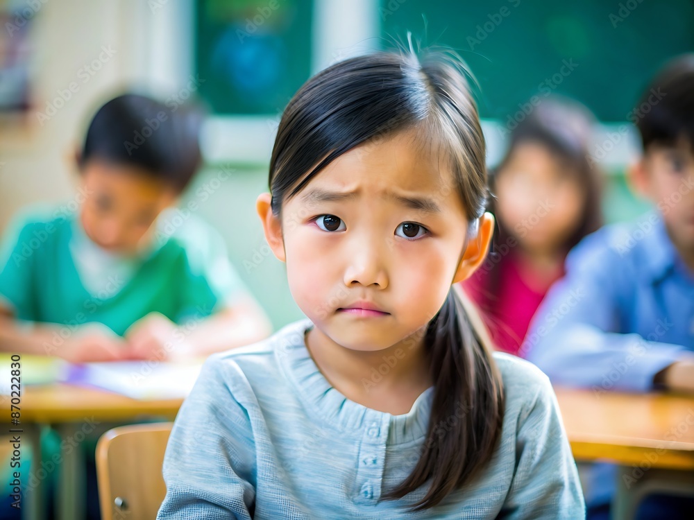 Young girl sitting in class looking concerned. Young girl sitting in class looking concerned.