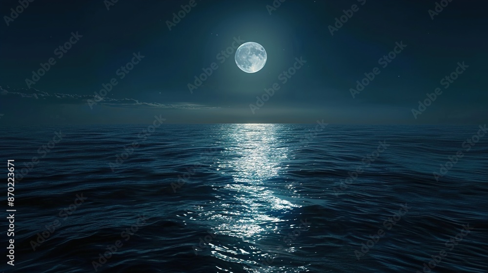 The moon reflecting on a calm ocean at night. The moon reflecting on a calm ocean at night.