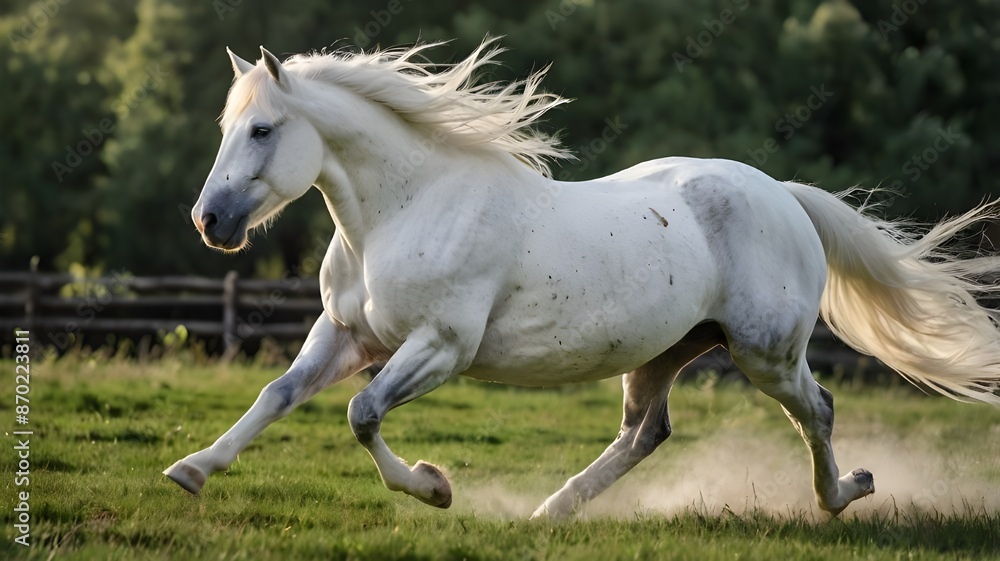 In the expansive green pasture, a magnificent white stallion gallops freely, its mane flowing like a banner of freedom in the wind. In the expansive green pasture, a magnificent white stallion gallops freely, its mane flowing like a banner of freedom in the wind.