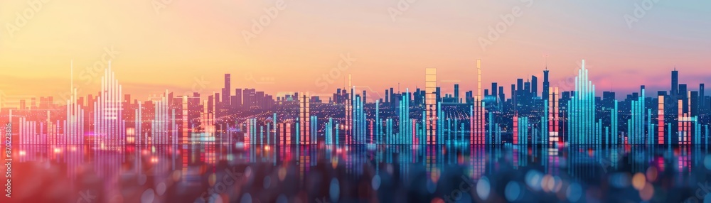 Economic data, AI-driven analytics, virtual dashboard, futuristic city skyline, digital economy