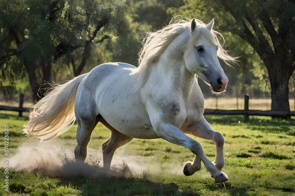 Obraz premium In the expansive green pasture, a magnificent white stallion gallops freely, its mane flowing like a banner of freedom in the wind.