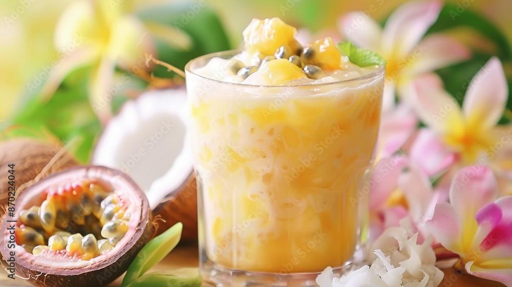Close-up of drink in glass on table with fruit and flower arrangement Close-up of drink in glass on table with fruit and flower arrangement