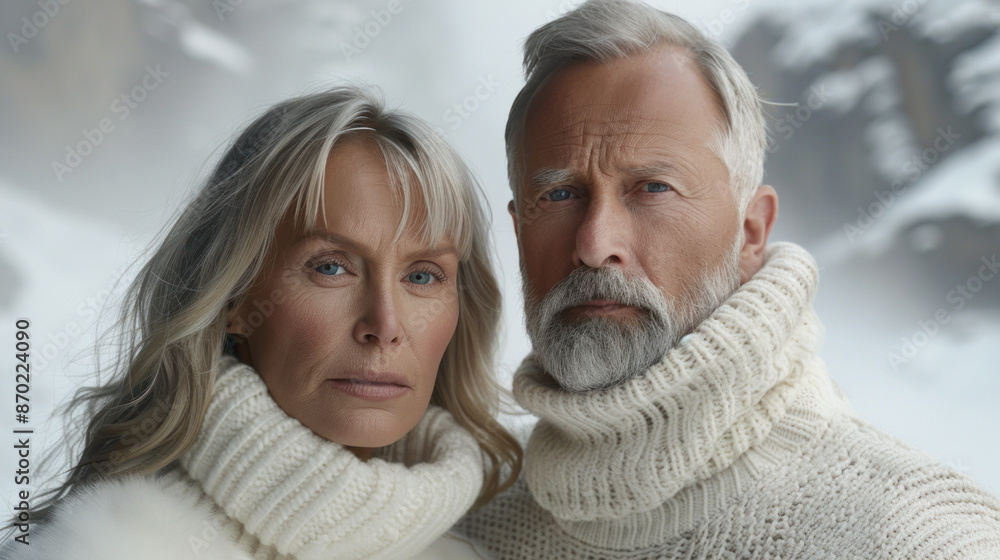 A man and a woman are standing in the snow, both wearing white sweaters and scarves A man and a woman are standing in the snow, both wearing white sweaters and scarves