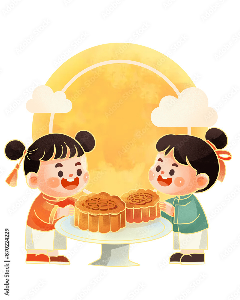 Mid-autumn festival eating mooncakes illustration Mid-autumn festival eating mooncakes illustration