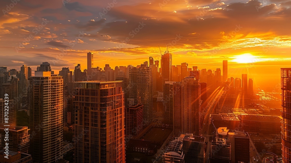 Fototapeta premium The golden hues of sunrise reflecting off skyscrapers in a bustling metropolis create a dramatic and inspiring start to the day.