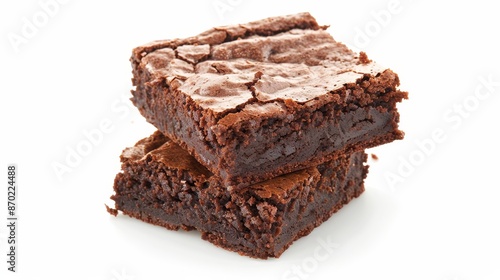 Stack of delicious chocolate brownies, isolated background, studio lighting, enticing dessert display, ideal for advertising, rich textures