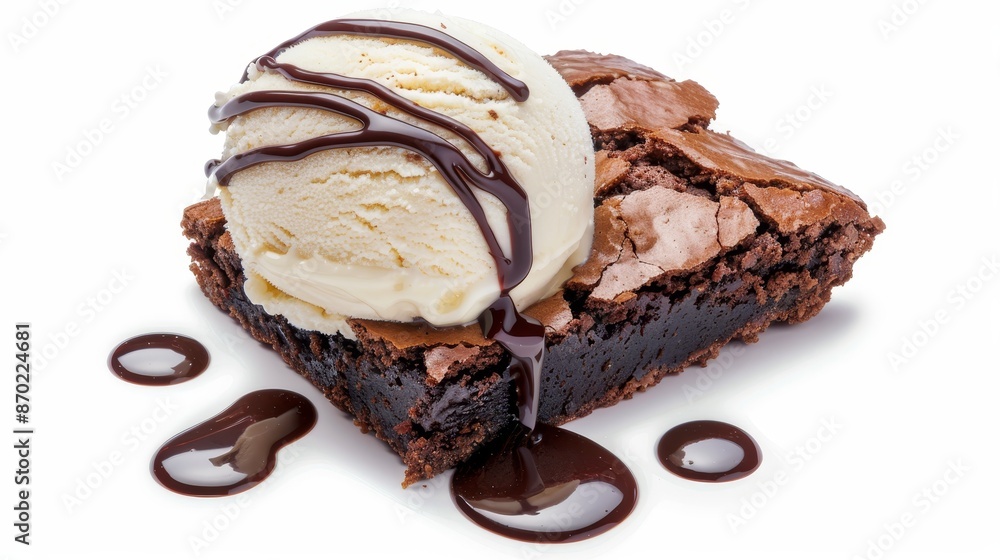 Tempting warm chocolate brownie, covered in chocolate sauce, served with vanilla ice cream, dessert display, isolated background, studio lighting, advertising focus Tempting warm chocolate brownie, covered in chocolate sauce, served with vanilla ice cream, dessert display, isolated background, studio lighting, advertising focus
