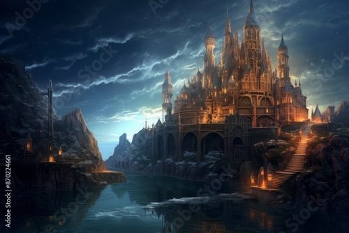 Fantastical Fantasy Castles or church. Digital illustration artwork. Magical and amazing view. Water, sky and buildings. River. Night time. 