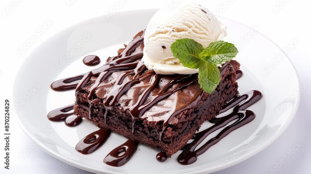 Warm chocolate brownie topped with rich chocolate sauce, paired with vanilla ice cream, dessert display, isolated background, studio lighting, perfect for advertising Warm chocolate brownie topped with rich chocolate sauce, paired with vanilla ice cream, dessert display, isolated background, studio lighting, perfect for advertising