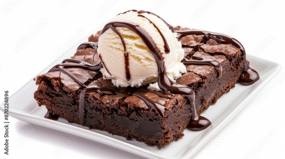 Warm, rich chocolate brownie with a generous drizzle of chocolate sauce, topped with vanilla ice cream, isolated background, studio lighting, ideal for advertising Warm, rich chocolate brownie with a generous drizzle of chocolate sauce, topped with vanilla ice cream, isolated background, studio lighting, ideal for advertising