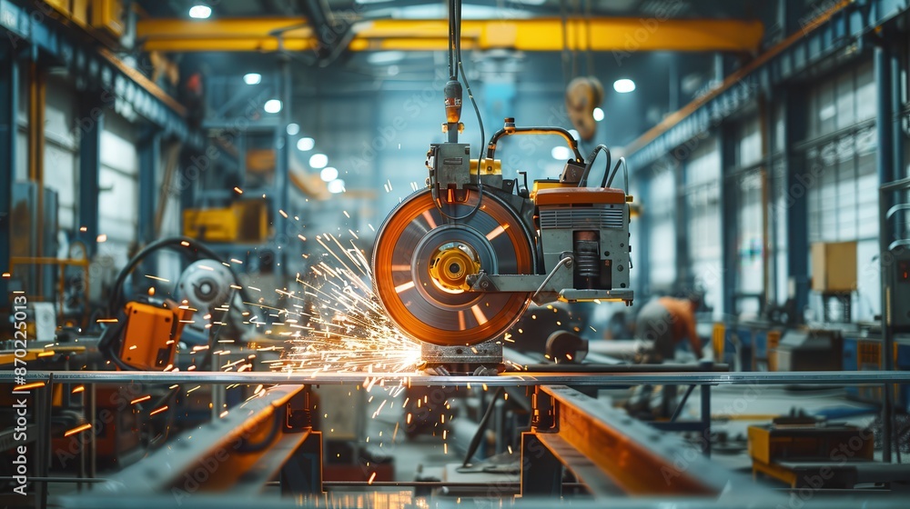 A worker operates a heavy duty cutting machine in a factory setting. Sparks fly from the metal as it is cut. A worker operates a heavy duty cutting machine in a factory setting. Sparks fly from the metal as it is cut.