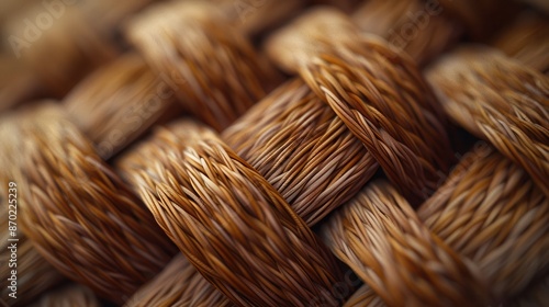 Close-up macro shot of woven fabric texture with intricate detail.  Brown threads are woven together in a complex pattern.