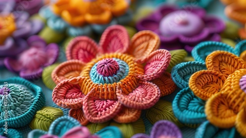 Close-up of colorful crocheted flowers, creating a vibrant and textured background. © Rossarin