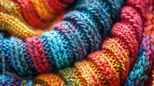 Close-up of colorful knitted fabric, showcasing vibrant hues and intricate texture.