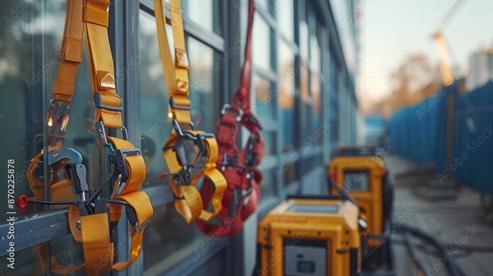 Safety harnesses and equipment hanging on a building, with a construction site in the background. Safety harnesses and equipment hanging on a building, with a construction site in the background.