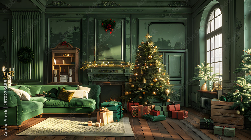 Festive Christmas interior with fir tree, gifts and garlands. AI Generated Festive Christmas interior with fir tree, gifts and garlands. AI Generated