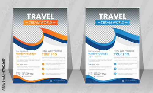Explore world travel and tourism agency business flyer a4 vector template with layout space for photo background, summer vacation holiday trip poster or leaflet