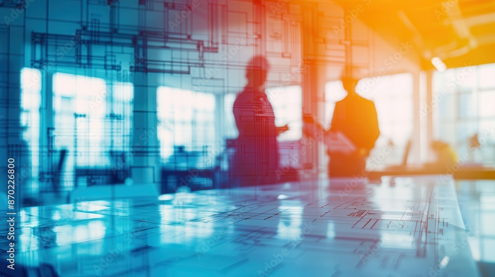 Two silhouettes of businesspeople talking in an office, with a blue and orange gradient effect. The image is blurred, suggesting a fast-paced environment. Two silhouettes of businesspeople talking in an office, with a blue and orange gradient effect. The image is blurred, suggesting a fast-paced environment.