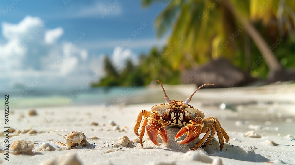 A crab runs across a sandy beach with swaying palm trees in the background. A crab runs across a sandy beach with swaying palm trees in the background.