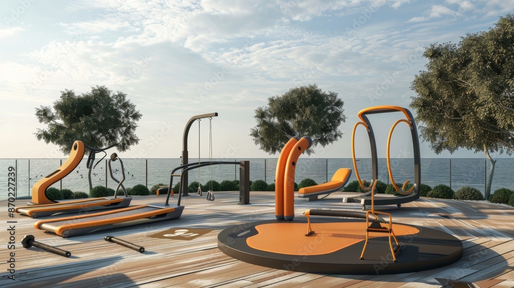 Fototapeta premium Outdoor gym featuring air walker, oval stepper, twister, and surfer, now vacant. 