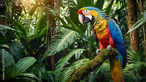 In the lush depths of the tropical jungle, a majestic macaw perches proudly amidst a canopy of vibrant foliage.