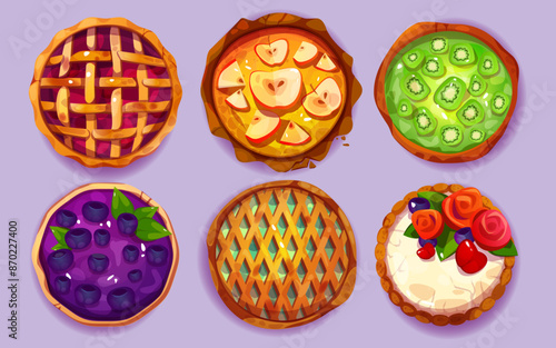 Sweet round whole homemade pie top view with fruits and berries. Cartoon vector set of baked tart and cheesecake with crust and decorative lattice, apple and blueberry, kiwi slices and cream roses.