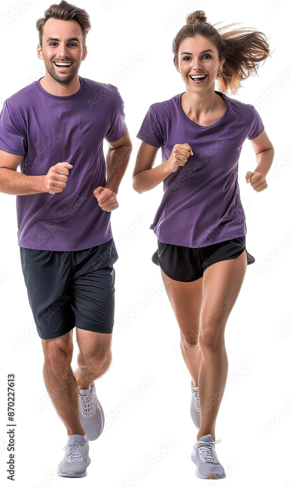Couple Wearing Purple T-Shirt Couple While Running Isolated Couple Wearing Purple T-Shirt Couple While Running Isolated