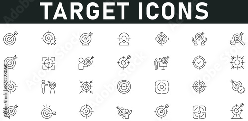 Target Icons vector illustration with thin line editable stroke contain achievement, success, objectives, profit, growth, gain, improvement, development, targeting, progress, victory, reward, welldone