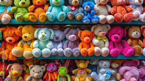 Neatly Arranged Colorful Stuffed Animals