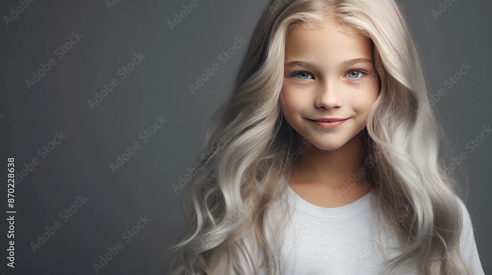 Portrait of a chic cute beautiful child girl blond with long white hair and perfect skin, gray background, banner.