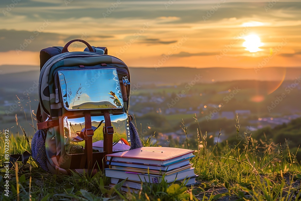 A modern backpack with reflective designs sitting on a grassy hilltop, surrounded by school books and a breathtaking sunset view A modern backpack with reflective designs sitting on a grassy hilltop, surrounded by school books and a breathtaking sunset view